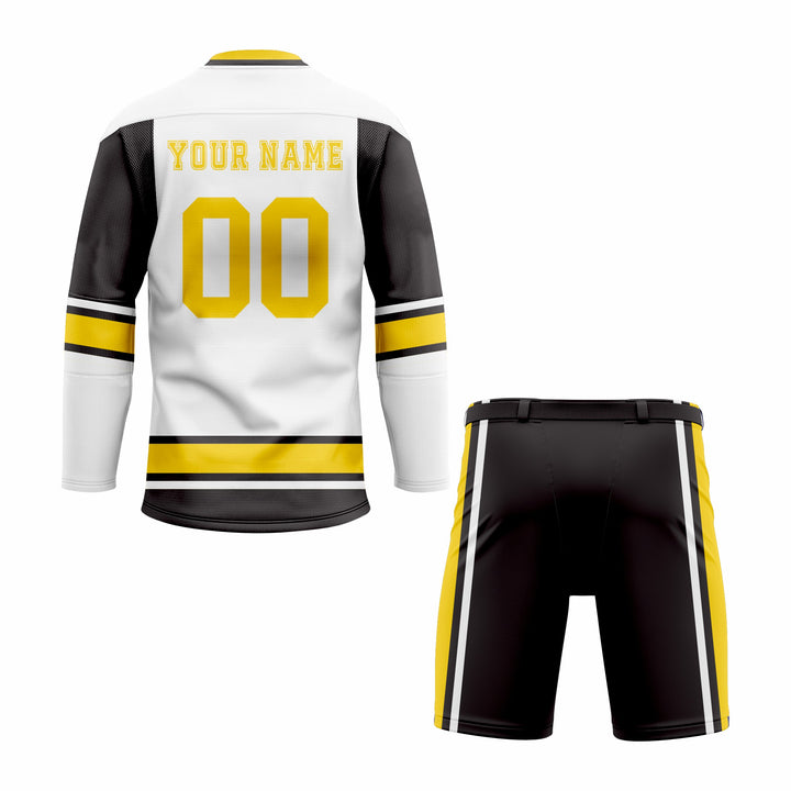Custom White, Black & Yellow V-Neck Hockey Uniform