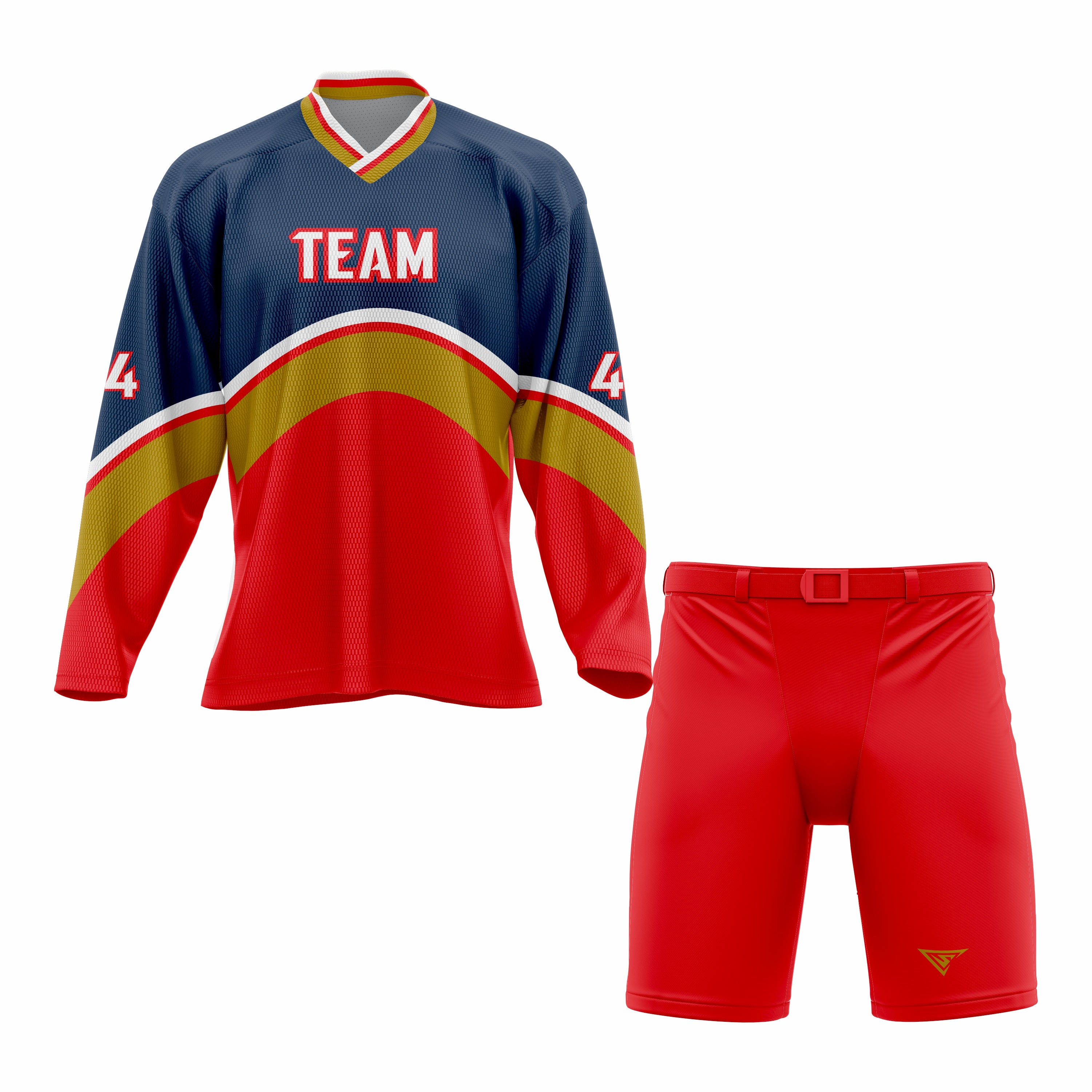 CUSTOM BLUE MUSTARD RED HOCKEY UNIFORM