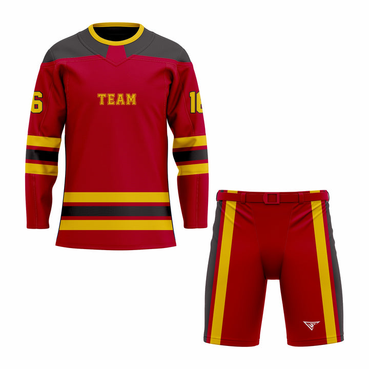 Custom Red, Black & Yellow Crew Neck Hockey Uniform