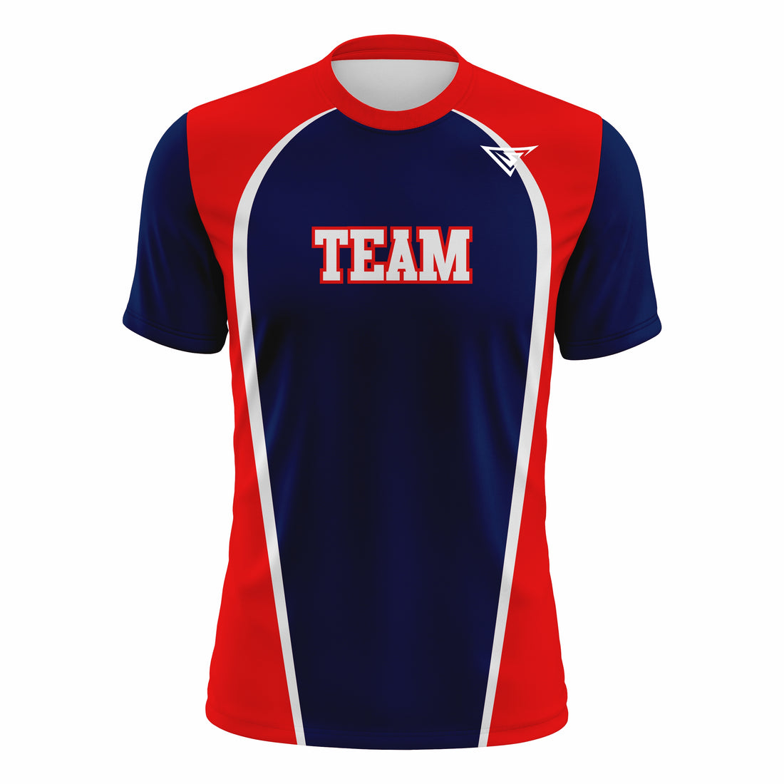 Custom Dark Blue, Red & White Crew Neck Softball Jerseys