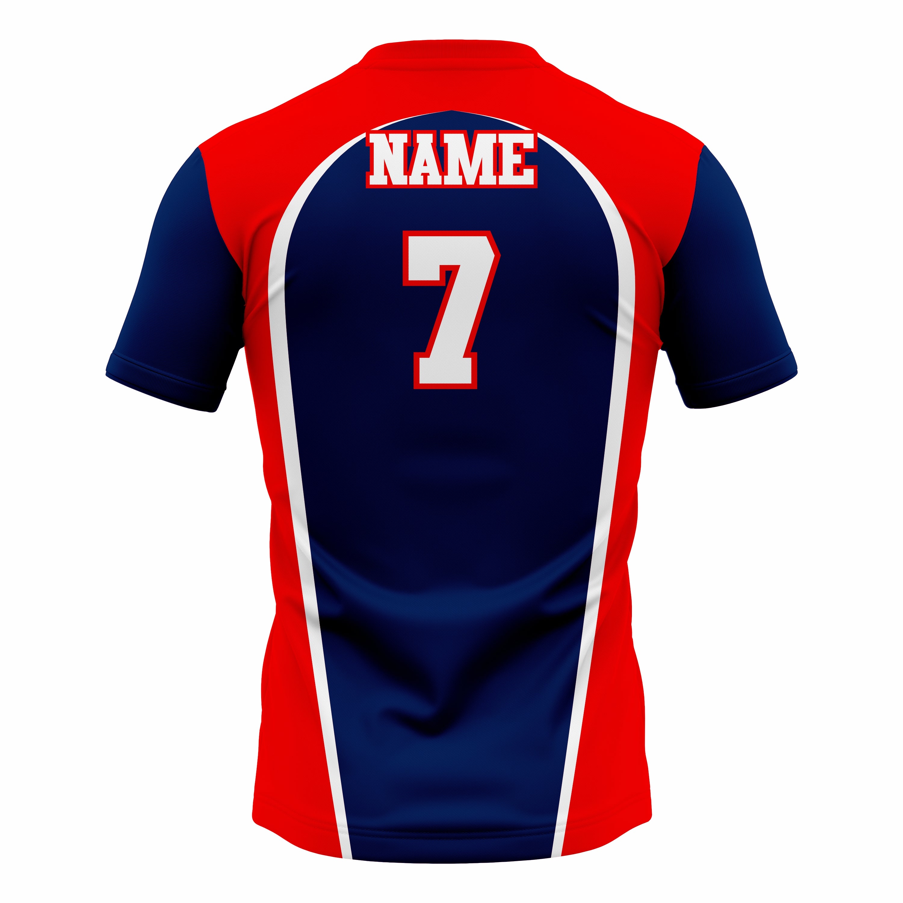 Custom Dark Blue, Red & White Crew Neck Softball Jerseys