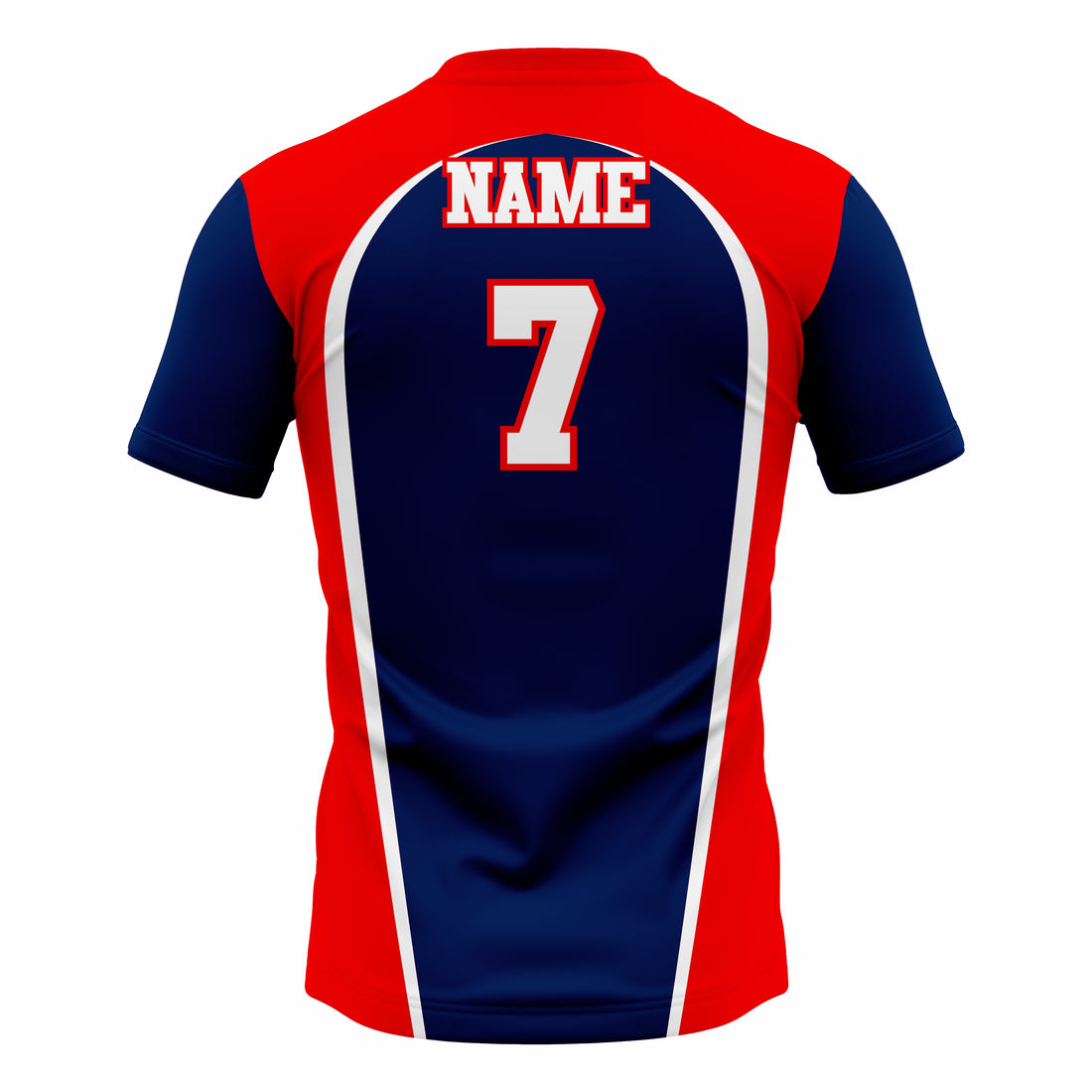 Custom Dark Blue, Red & White Crew Neck Softball Jerseys