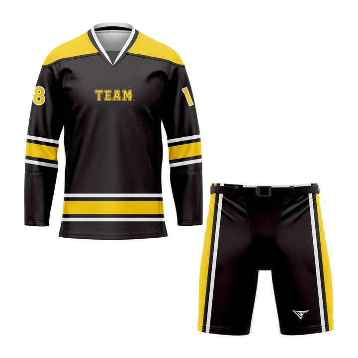 Custom Black, Yellow & White V-Neck Hockey Uniform