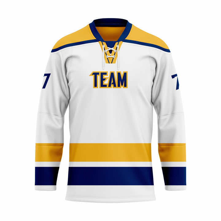Custom white yellow Navy Laced Hockey jersey