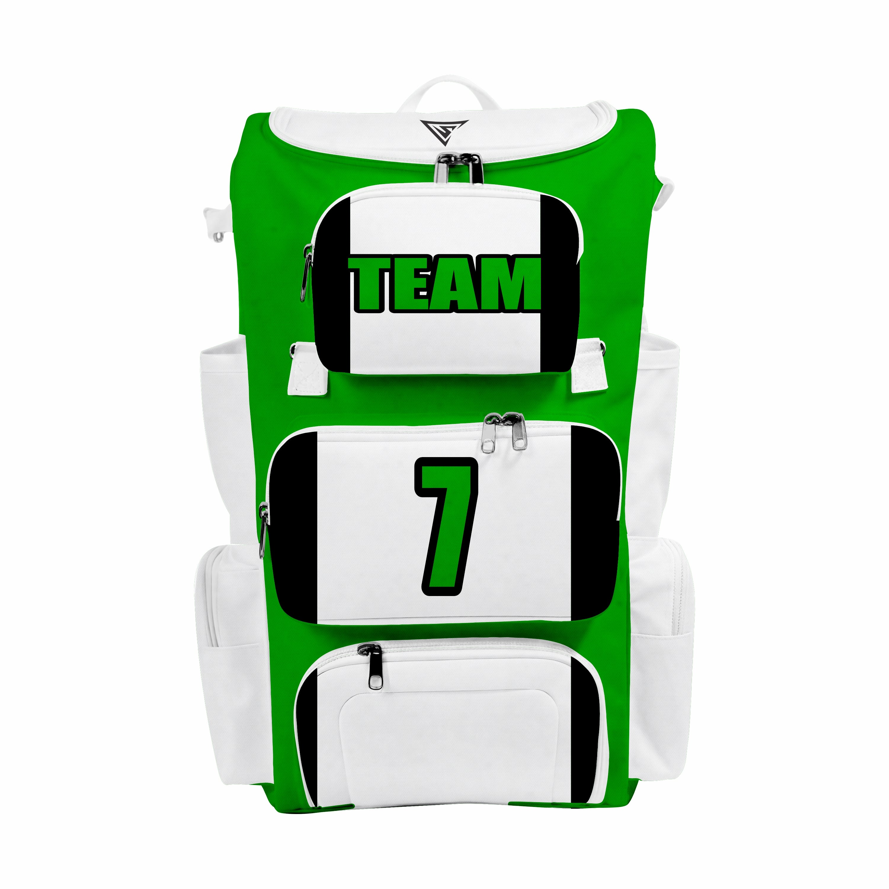 CUSTOM GREEN, BLACK & WHITE ELITE BASEBALL/SOFTBALL BACKPACKS