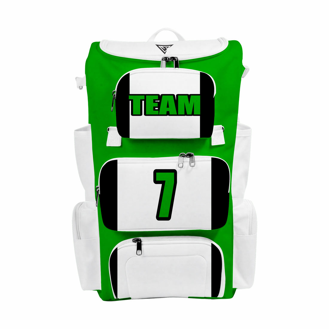 CUSTOM GREEN, BLACK & WHITE ELITE BASEBALL/SOFTBALL BACKPACKS
