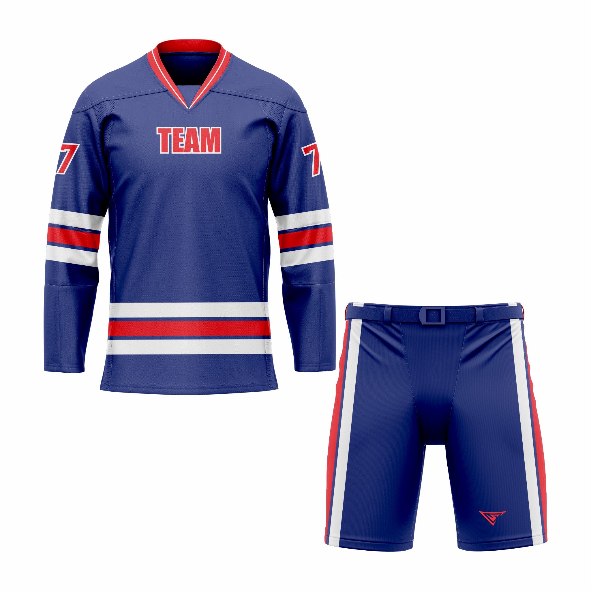 Custom Blue, Red & White V-Neck Hockey Uniform