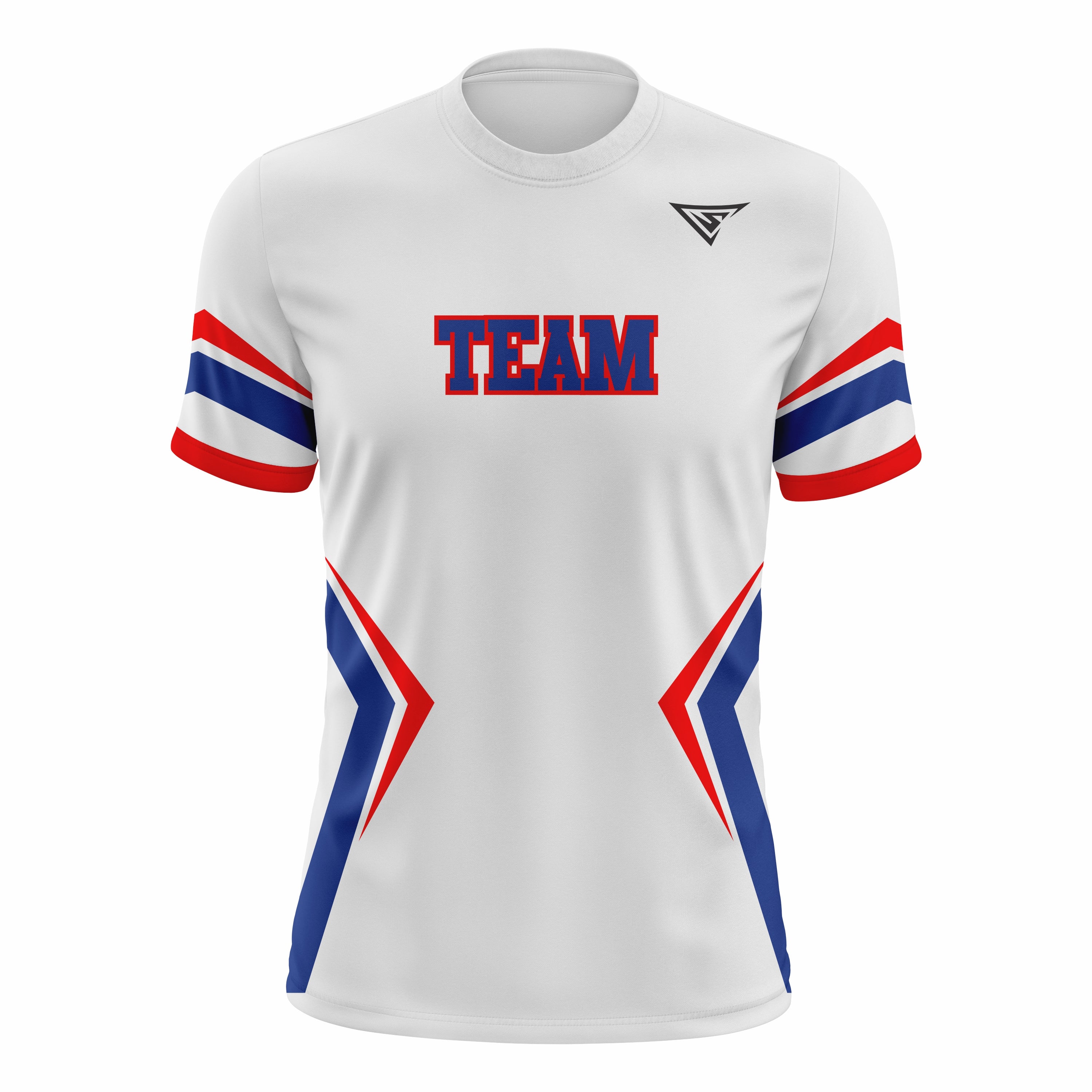 Custom White, Red & Dark Blue Crew Neck Softball Jerseys