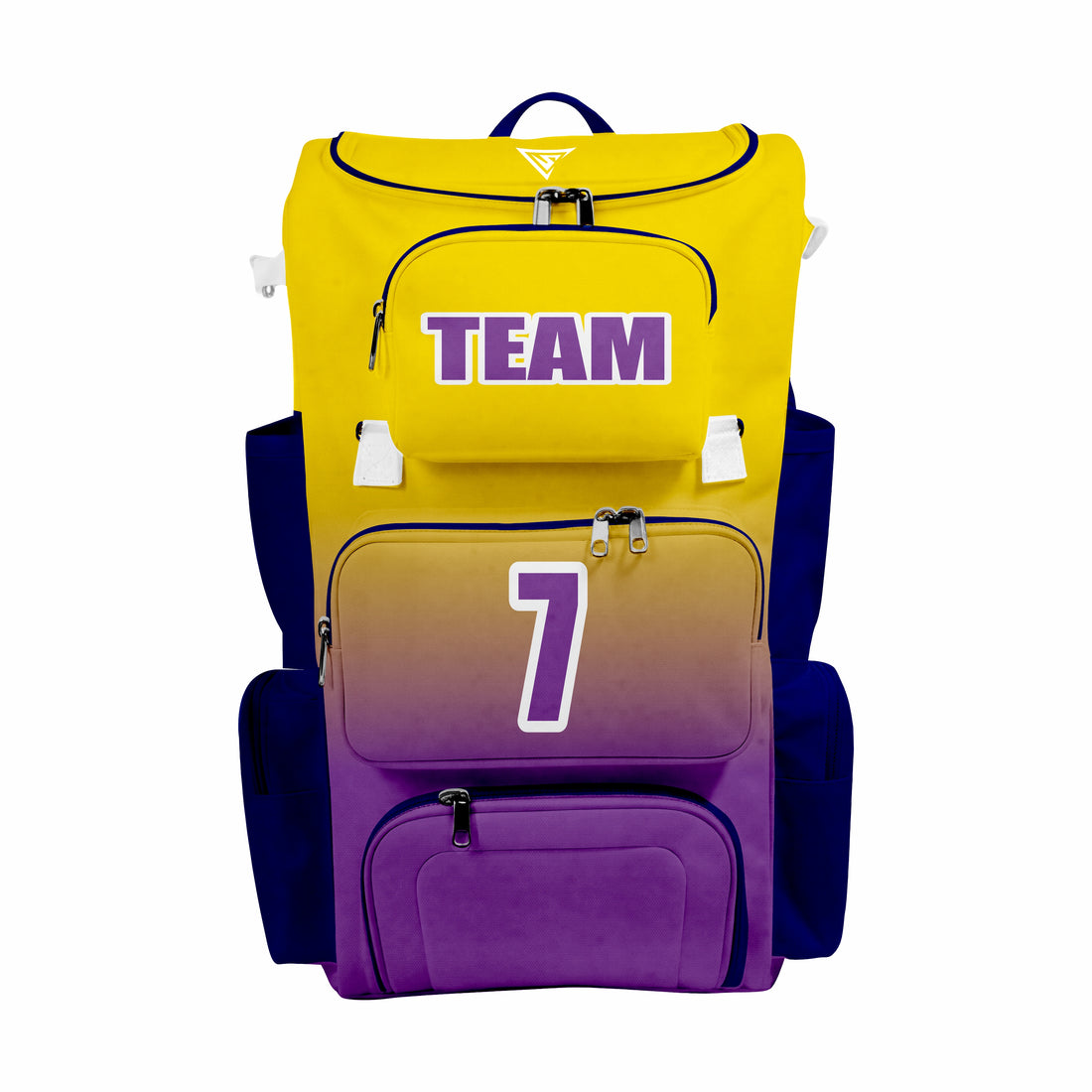 CUSTOM YELLOW, PURPLE & BLUE ELITE BASEBALL/SOFTBALL BACKPACKS