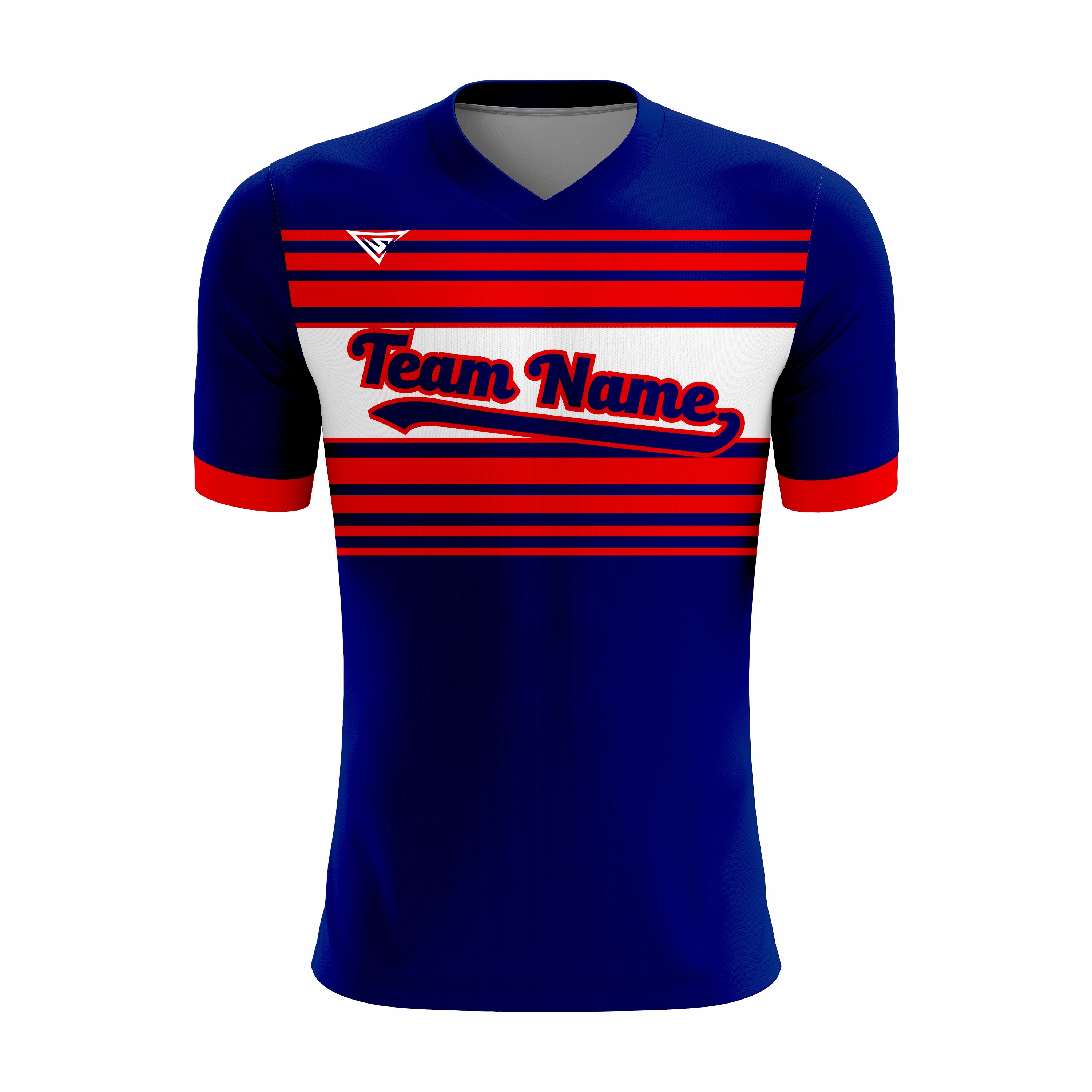 Custom Dark Blue, Red & White V-Neck Softball Jerseys