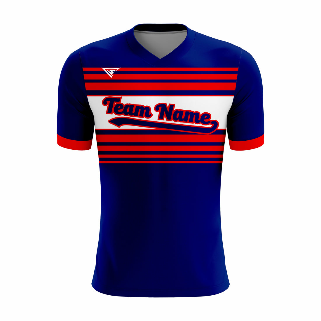 Custom Dark Blue, Red & White V-Neck Softball Jerseys