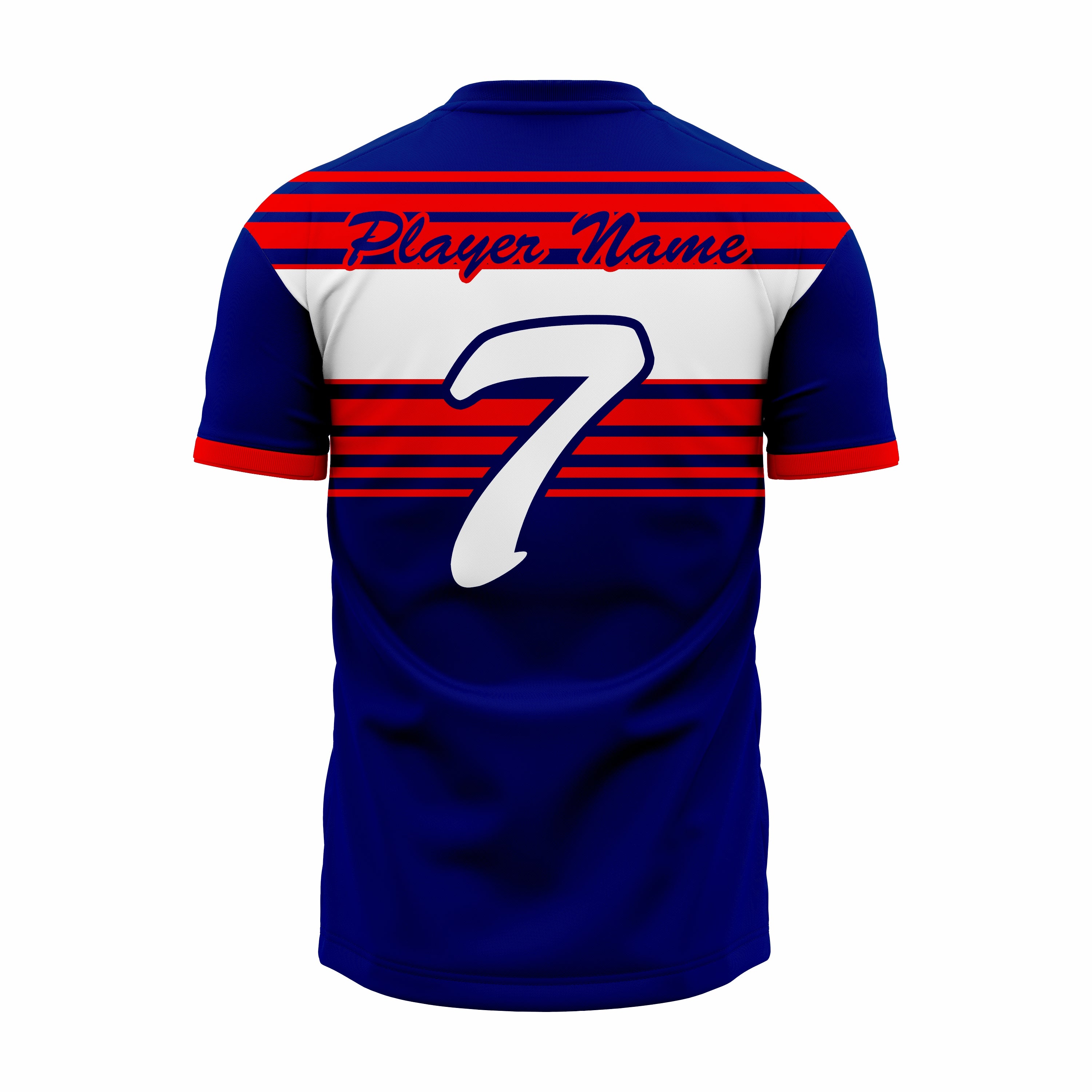 Custom Dark Blue, Red & White V-Neck Softball Jerseys
