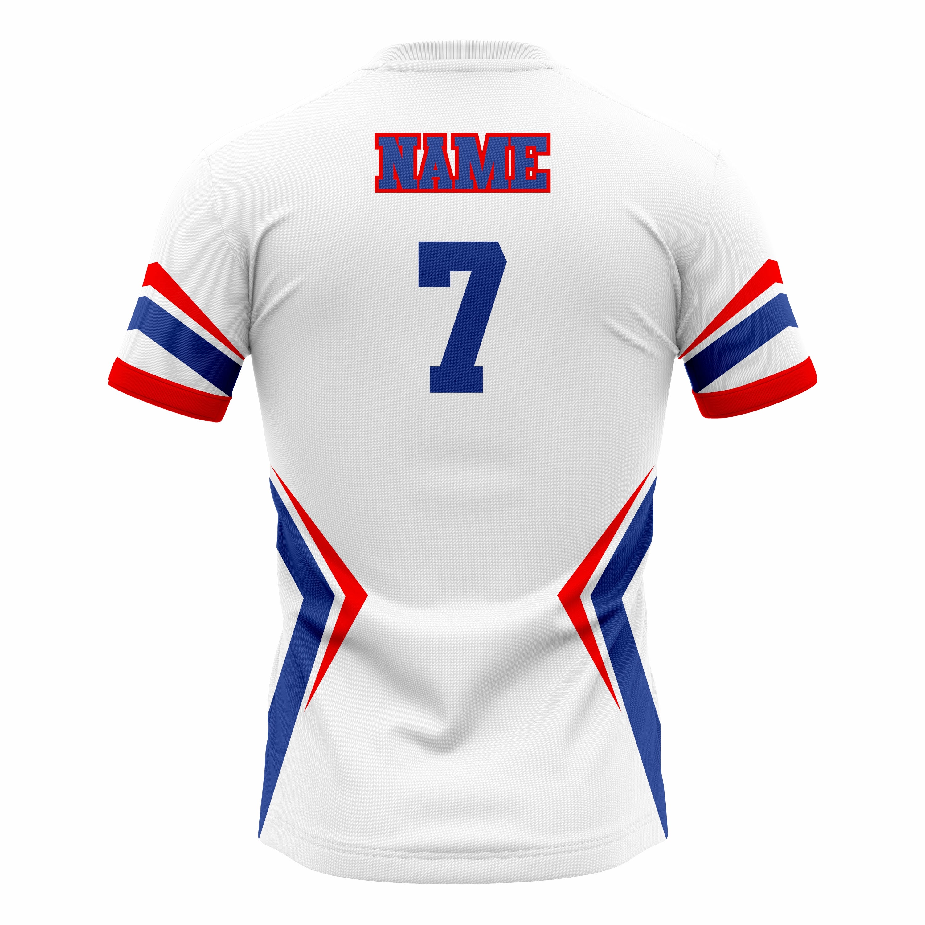 Custom White, Red & Dark Blue Crew Neck Softball Jerseys