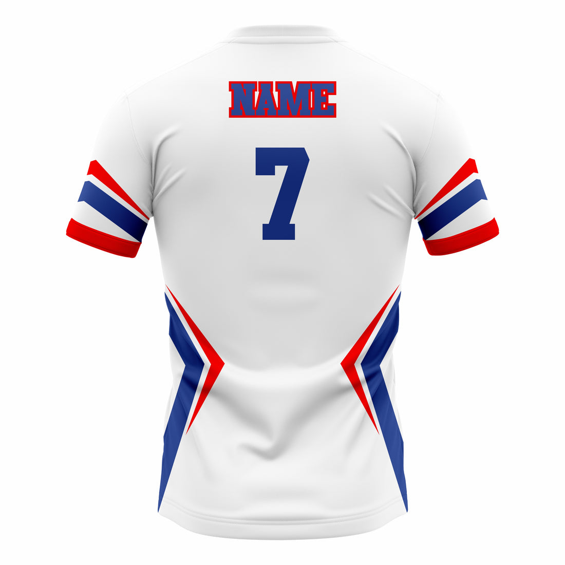 Custom White, Red & Dark Blue Crew Neck Softball Jerseys