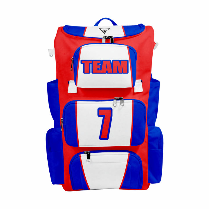 CUSTOM RED, BLUE & WHITE ELITE BASEBALL/SOFTBALL BACKPACKS
