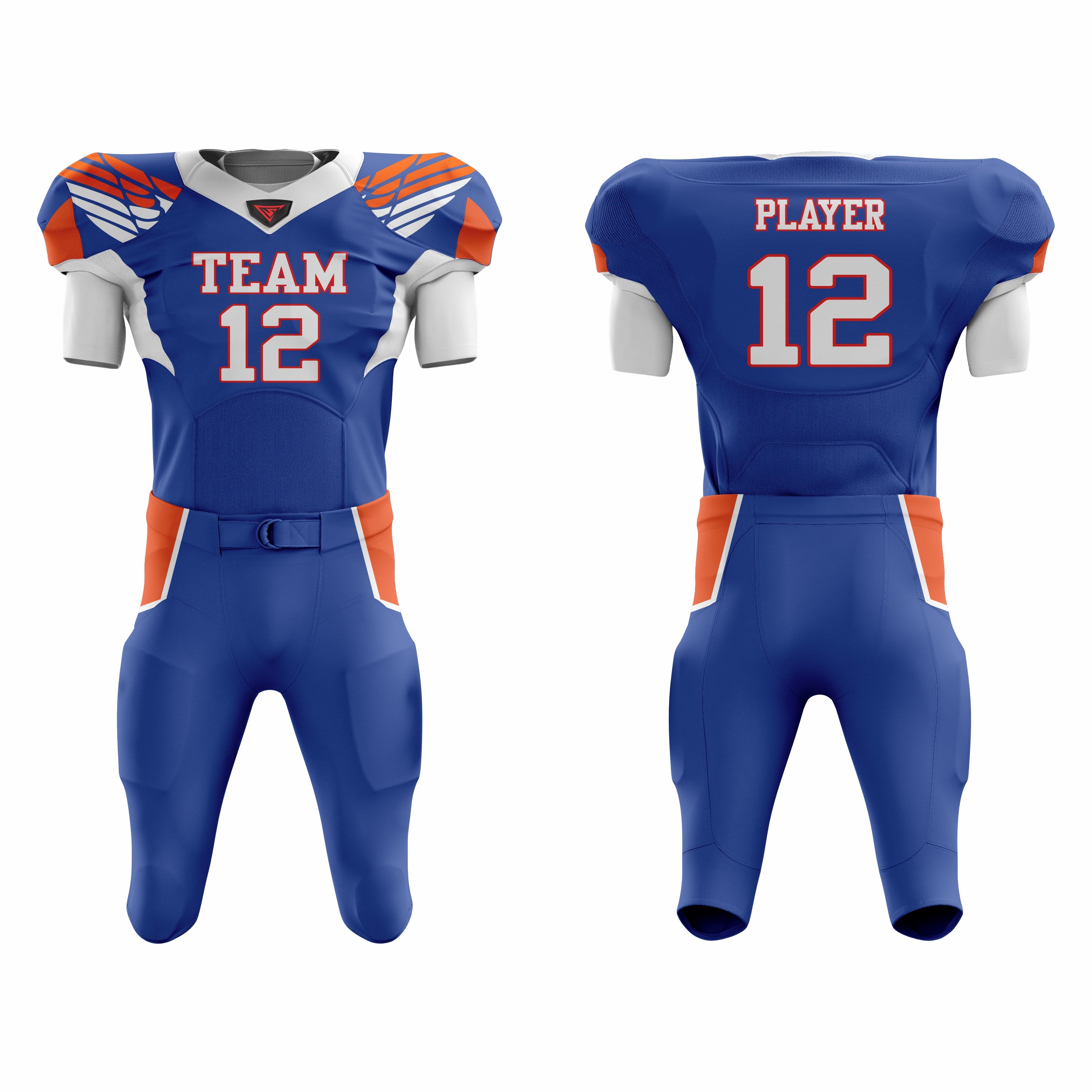 CUSTOM ORANGE BLUE WHITE AMERICAN FOOTBALL UNIFORM