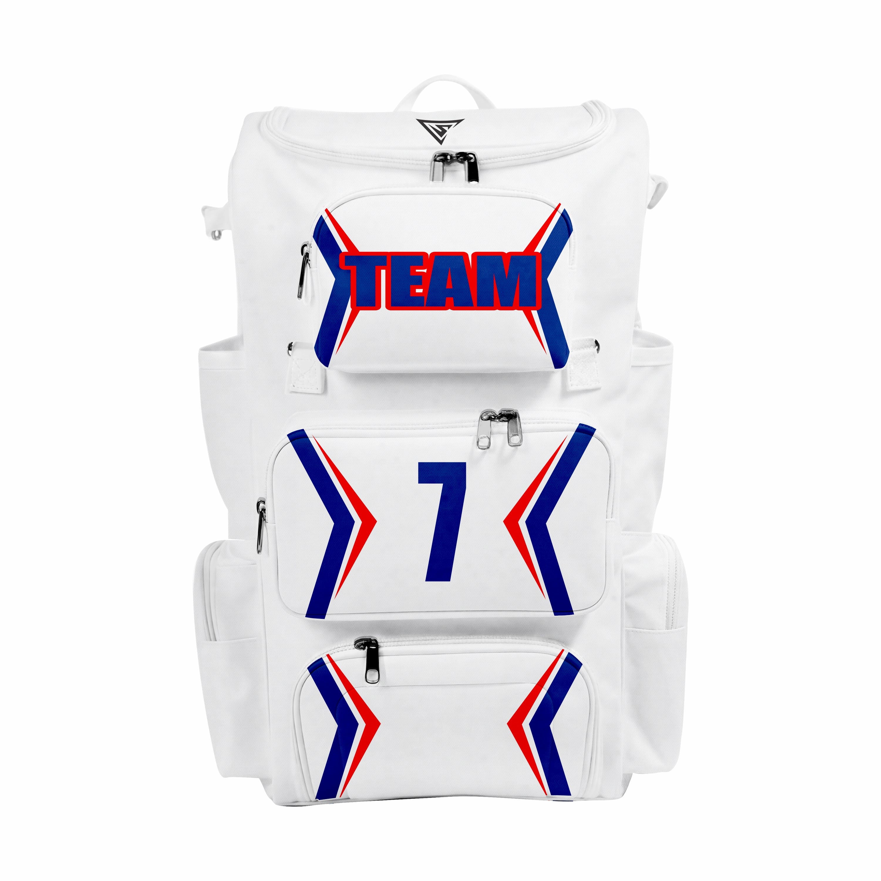 CUSTOM WHITE, BLUE & RED ELITE BASEBALL/SOFTBALL BACKPACKS