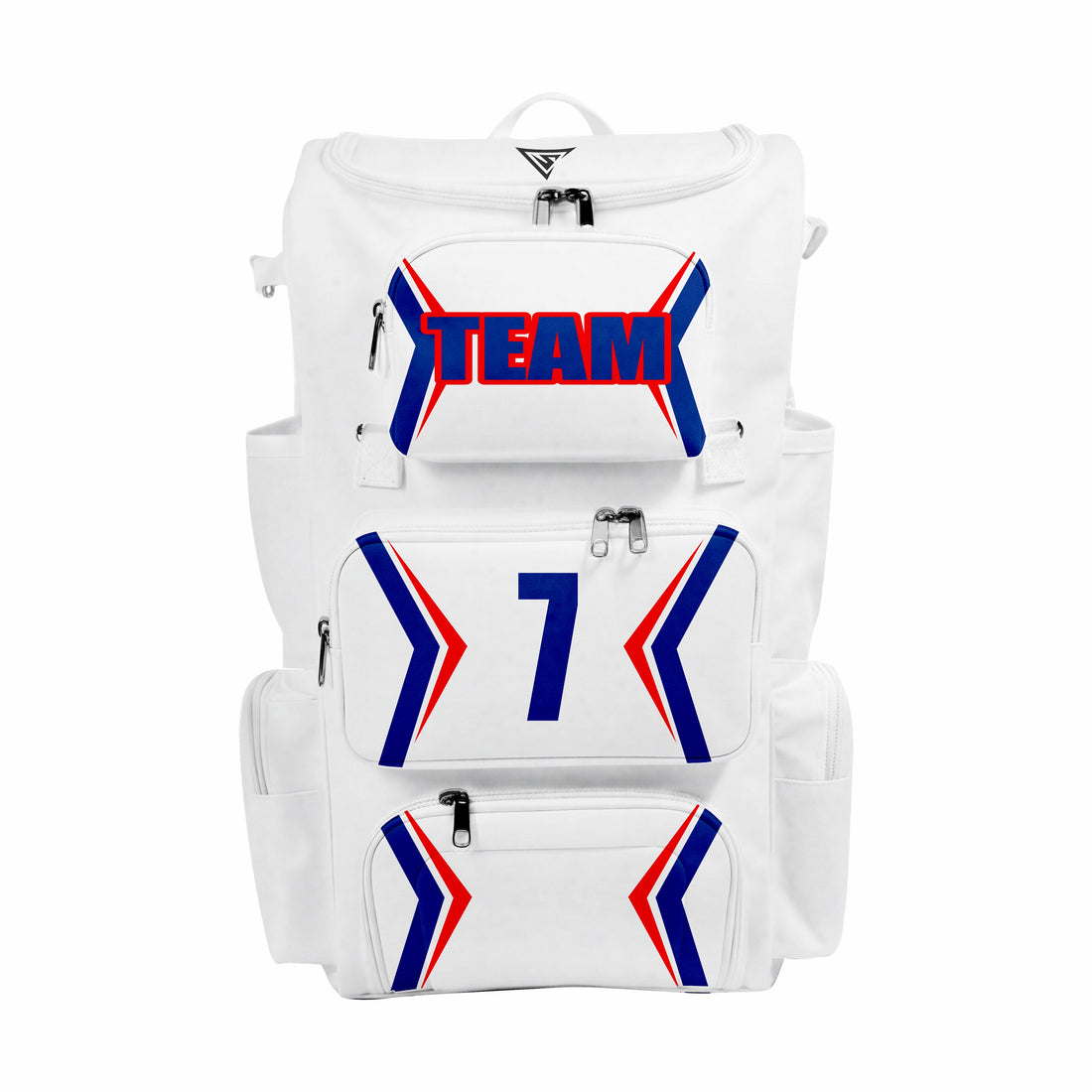 CUSTOM WHITE, BLUE & RED ELITE BASEBALL/SOFTBALL BACKPACKS