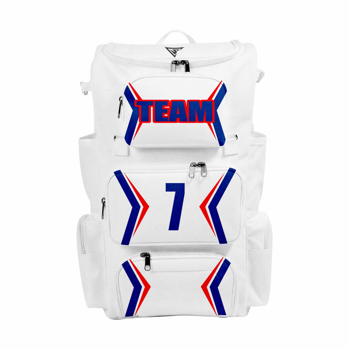 CUSTOM WHITE, BLUE & RED ELITE BASEBALL/SOFTBALL BACKPACKS