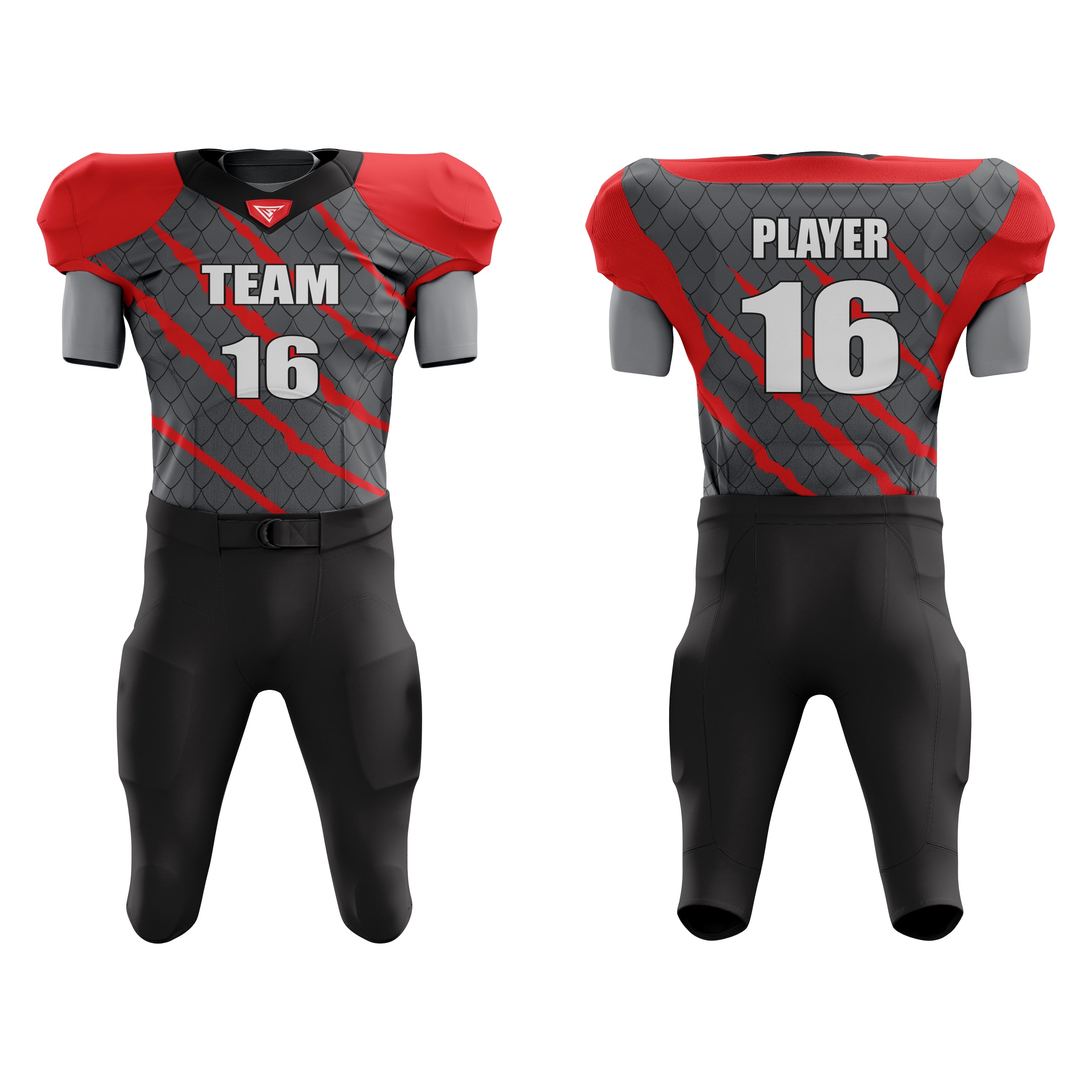 CUSTOM RED BLACK GREY AMERICAN FOOTBALL UNIFORM