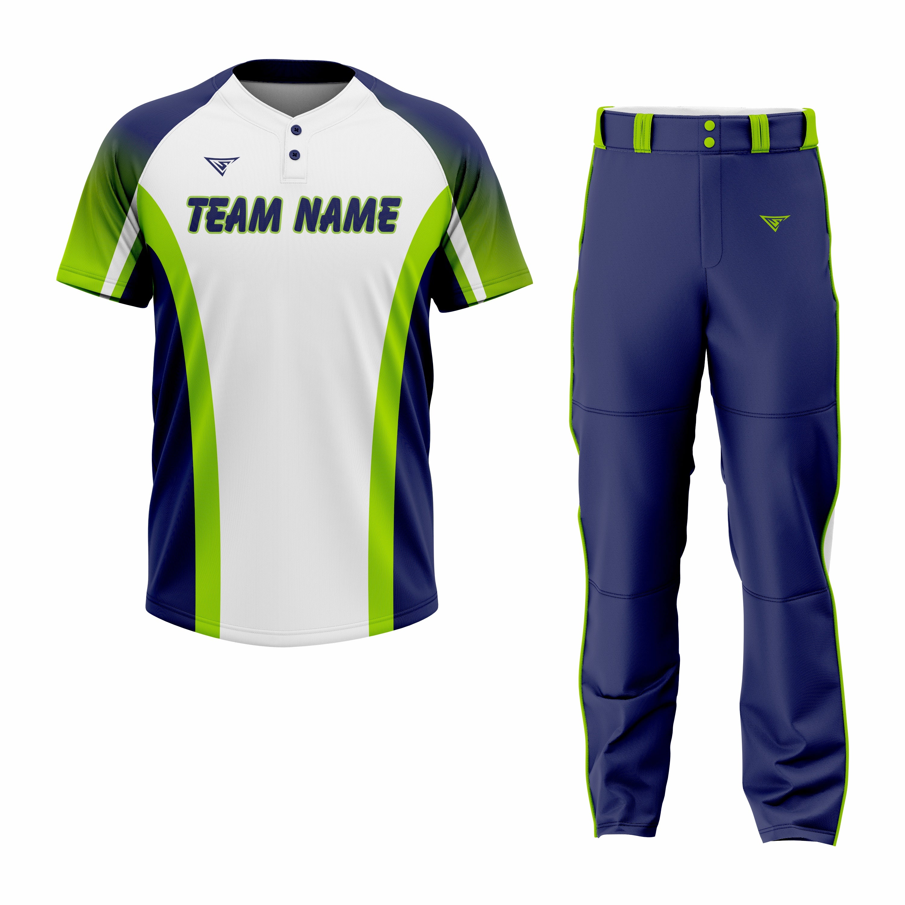 CUSTOM WHITE GREEN BLUE BASEBALL UNIFORM