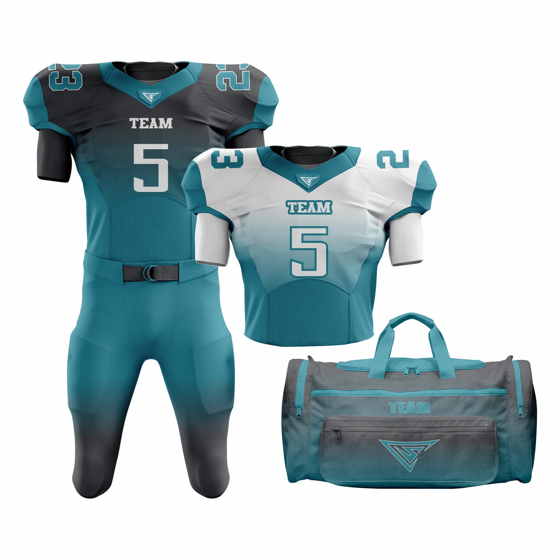 CUSTOM CYAN, BLACK & WHITE AMERICAN FOOTBALL TEAM UNIFORM PACKAGE ALL STAR