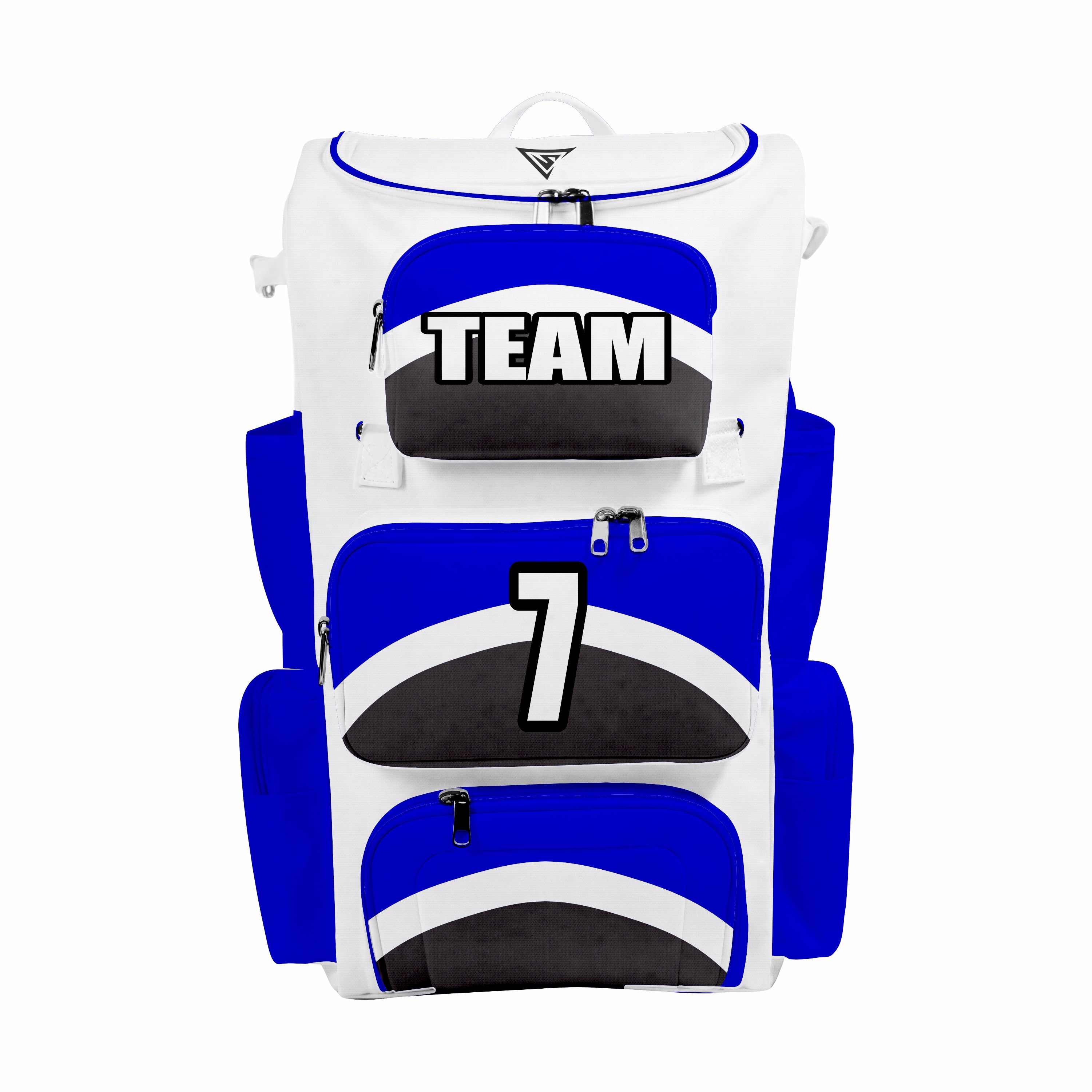 CUSTOM WHITE, BLUE & BLACK ELITE BASEBALL/SOFTBALL BACKPACKS