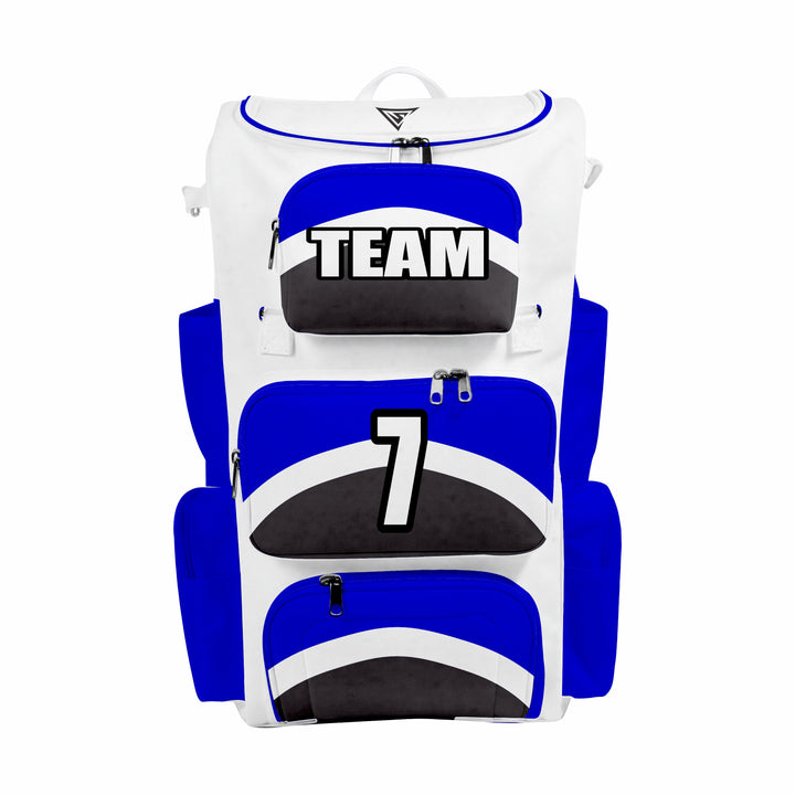 CUSTOM WHITE, BLUE & BLACK ELITE BASEBALL/SOFTBALL BACKPACKS