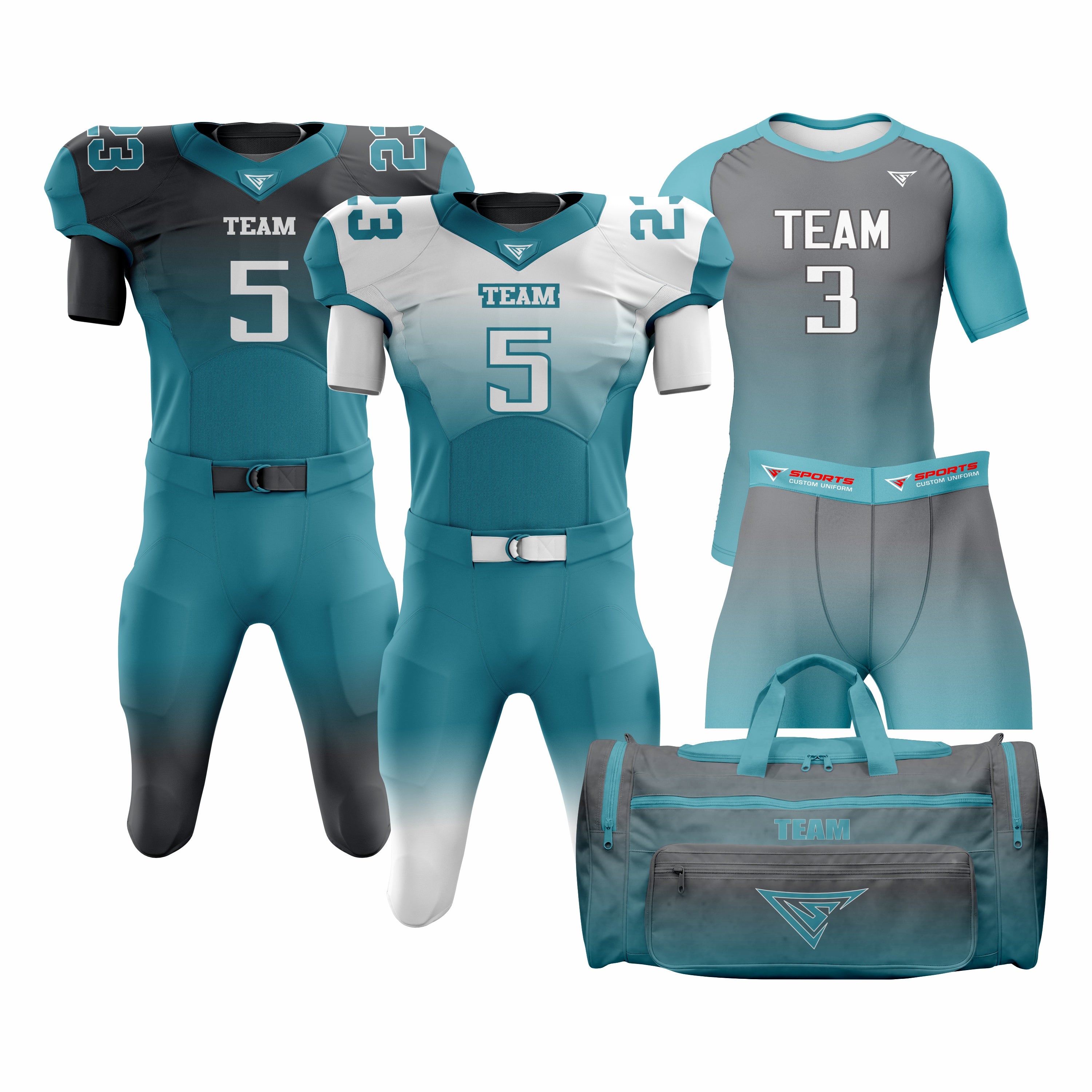 CUSTOM CYAN, BLACK & WHITE AMERICAN FOOTBALL TEAM UNIFORM PACKAGE DIAMOND PRO