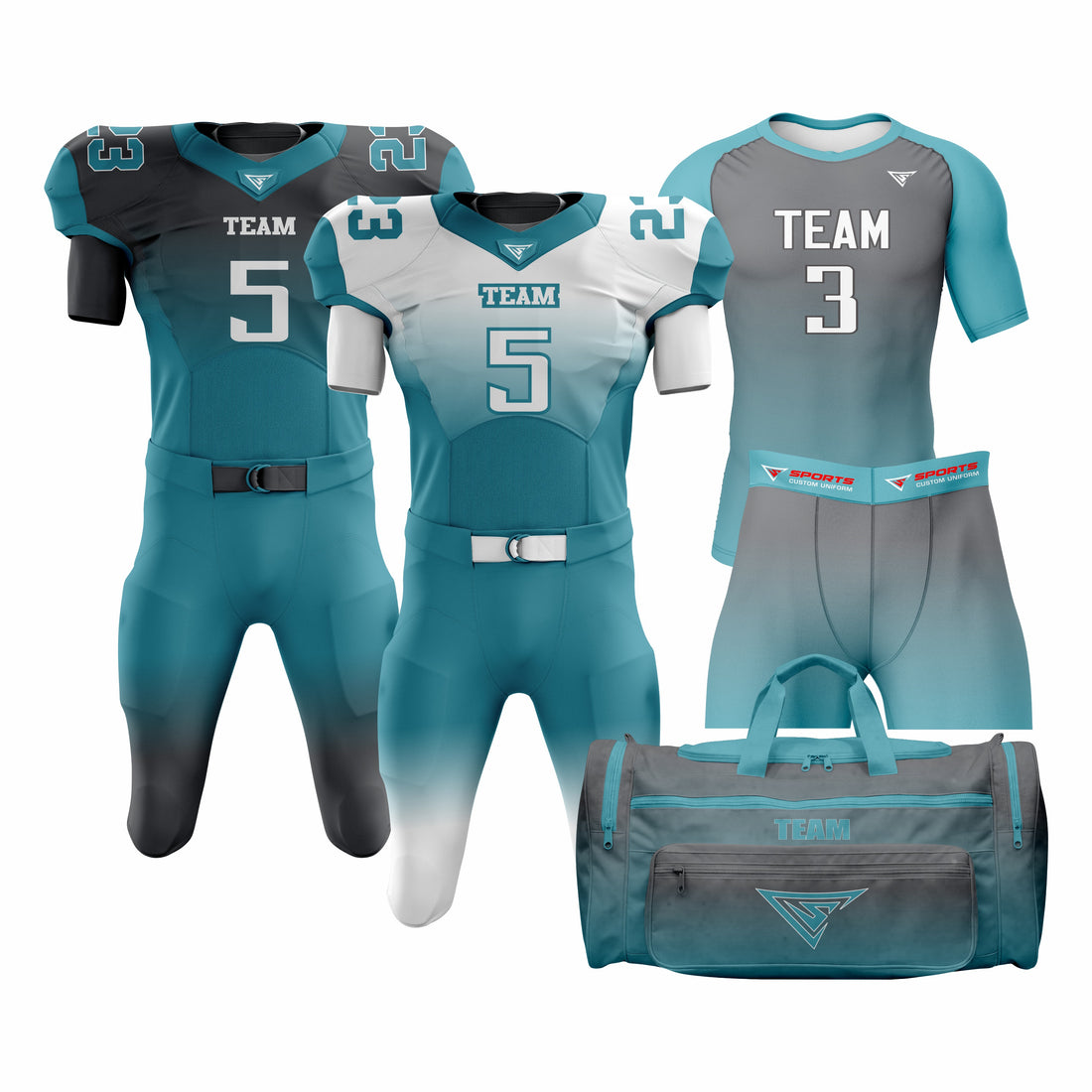 CUSTOM CYAN, BLACK & WHITE AMERICAN FOOTBALL TEAM UNIFORM PACKAGE DIAMOND PRO