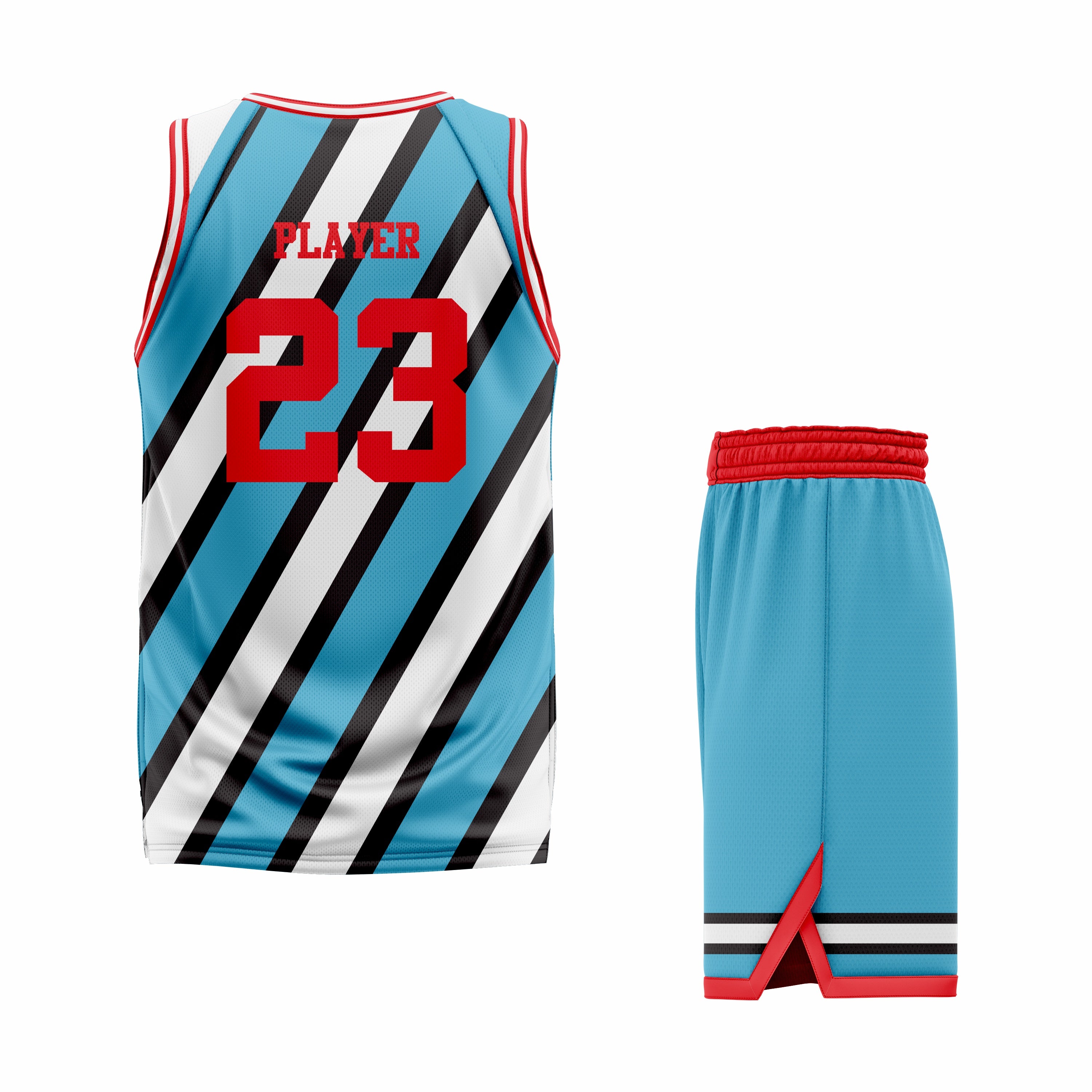 CUSTOM CYAN RED WHITE BASKETBALL UNIFORM