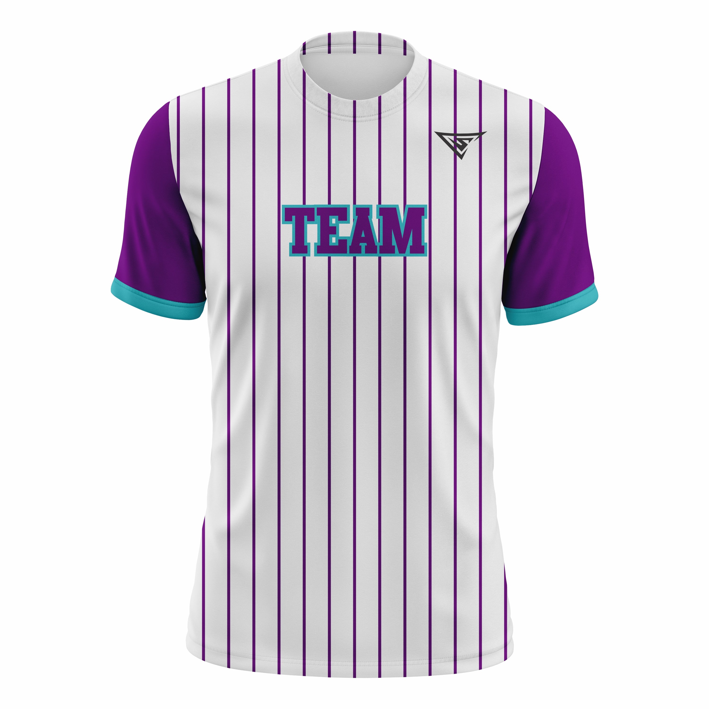 Custom White, Purple & Teal Crew Neck Softball Jerseys