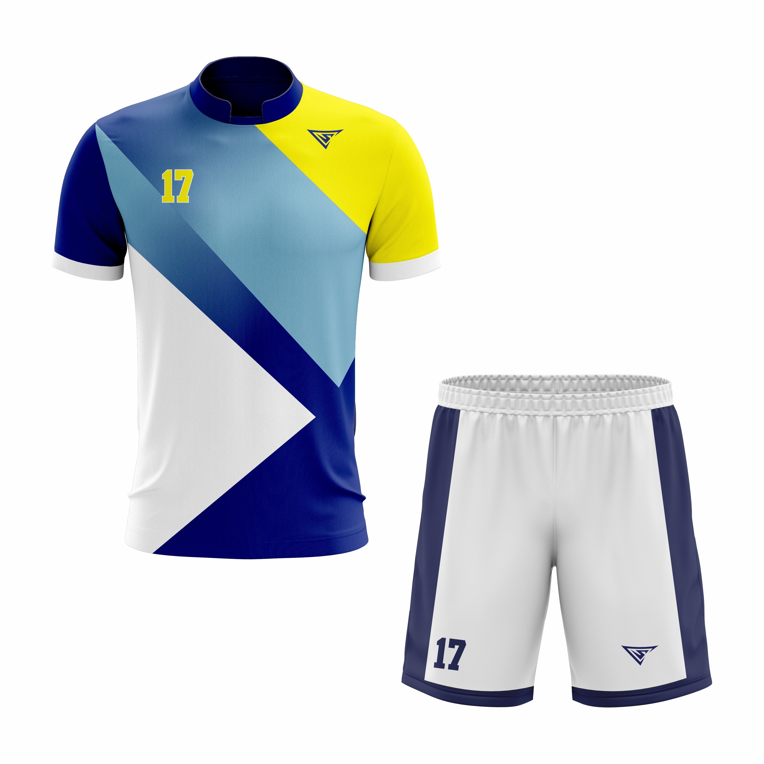 CUSTOM WHITE YELLOW BLUE SOCCER UNIFORM