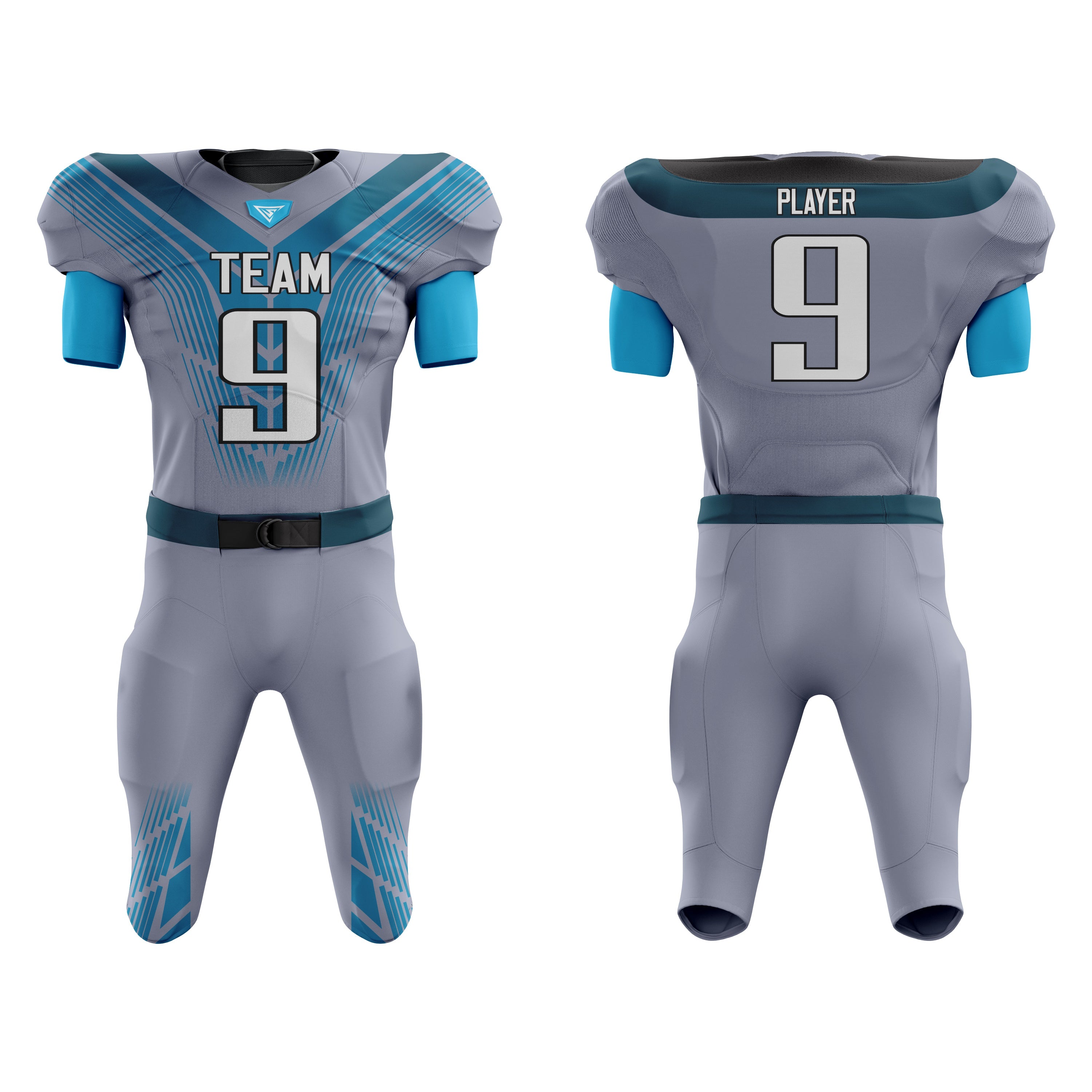 CUSTOM GRAY CYAN AMERICAN FOOTBALL UNIFORM