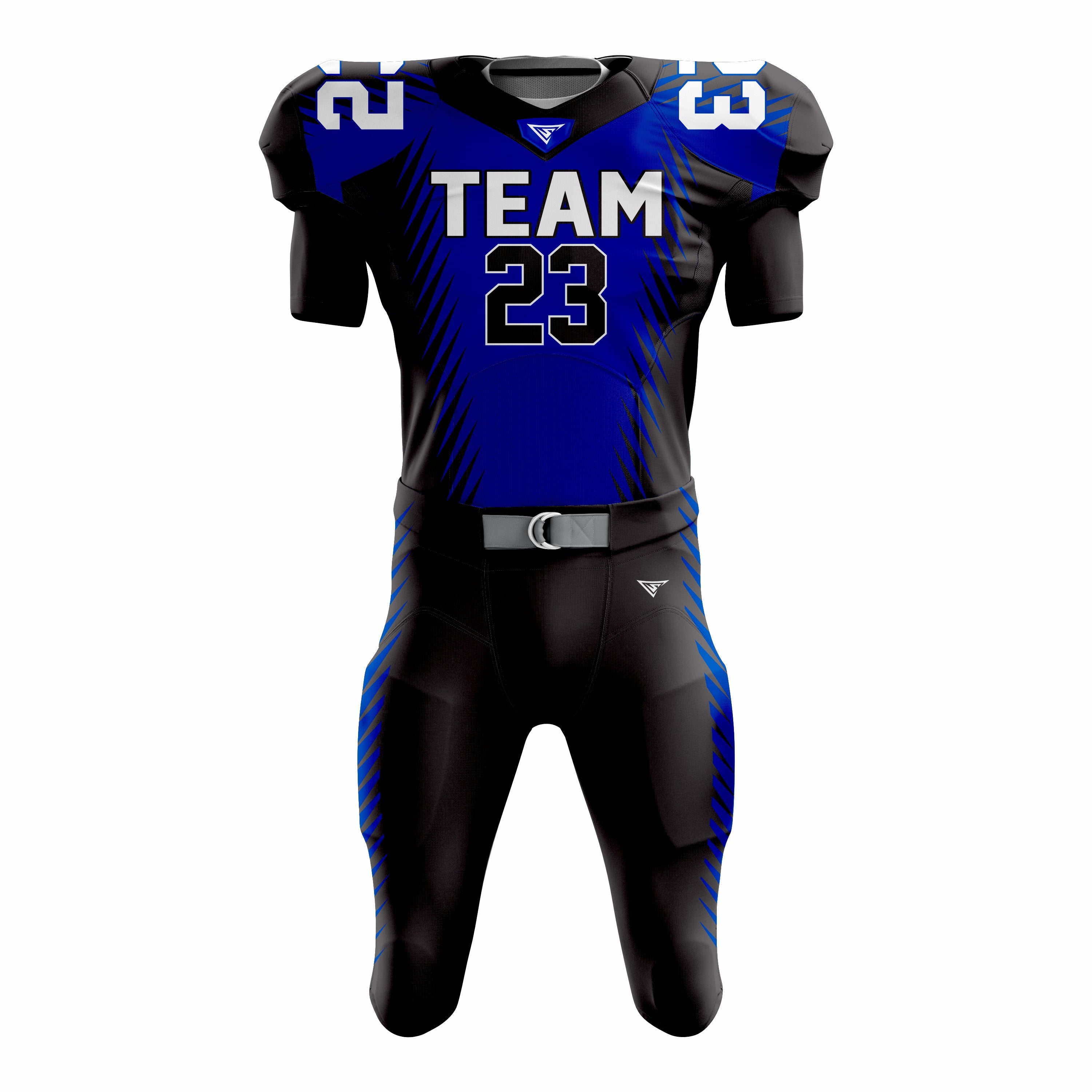 Custom Black Blue American Football Uniforms with Integrated Pads