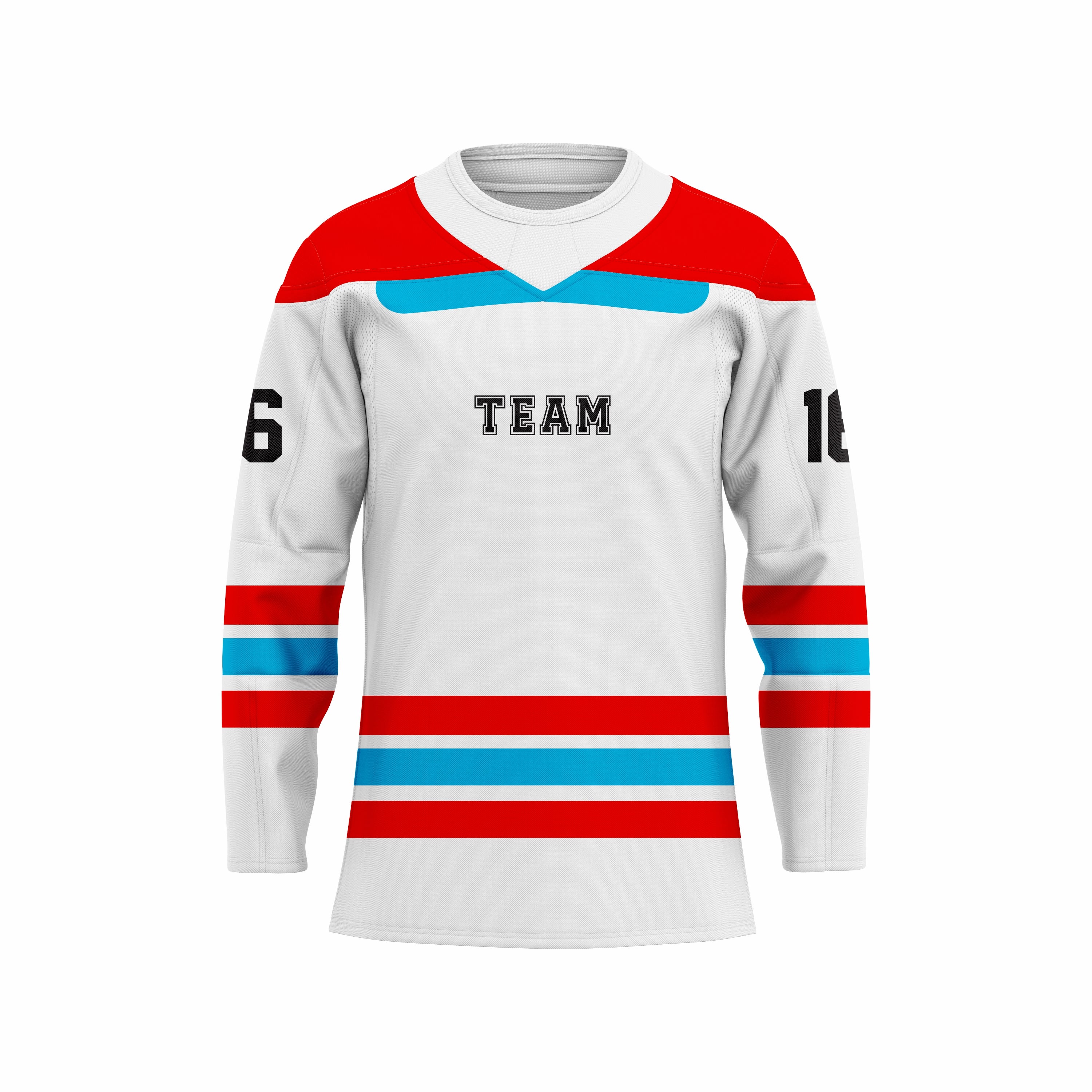 Custom White, Red & Blue Crew Neck Hockey jersey