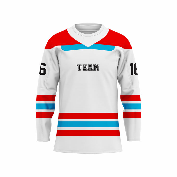 Custom White, Red & Blue Crew Neck Hockey jersey
