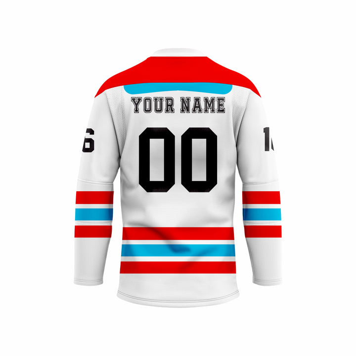 Custom White, Red & Blue Crew Neck Hockey jersey