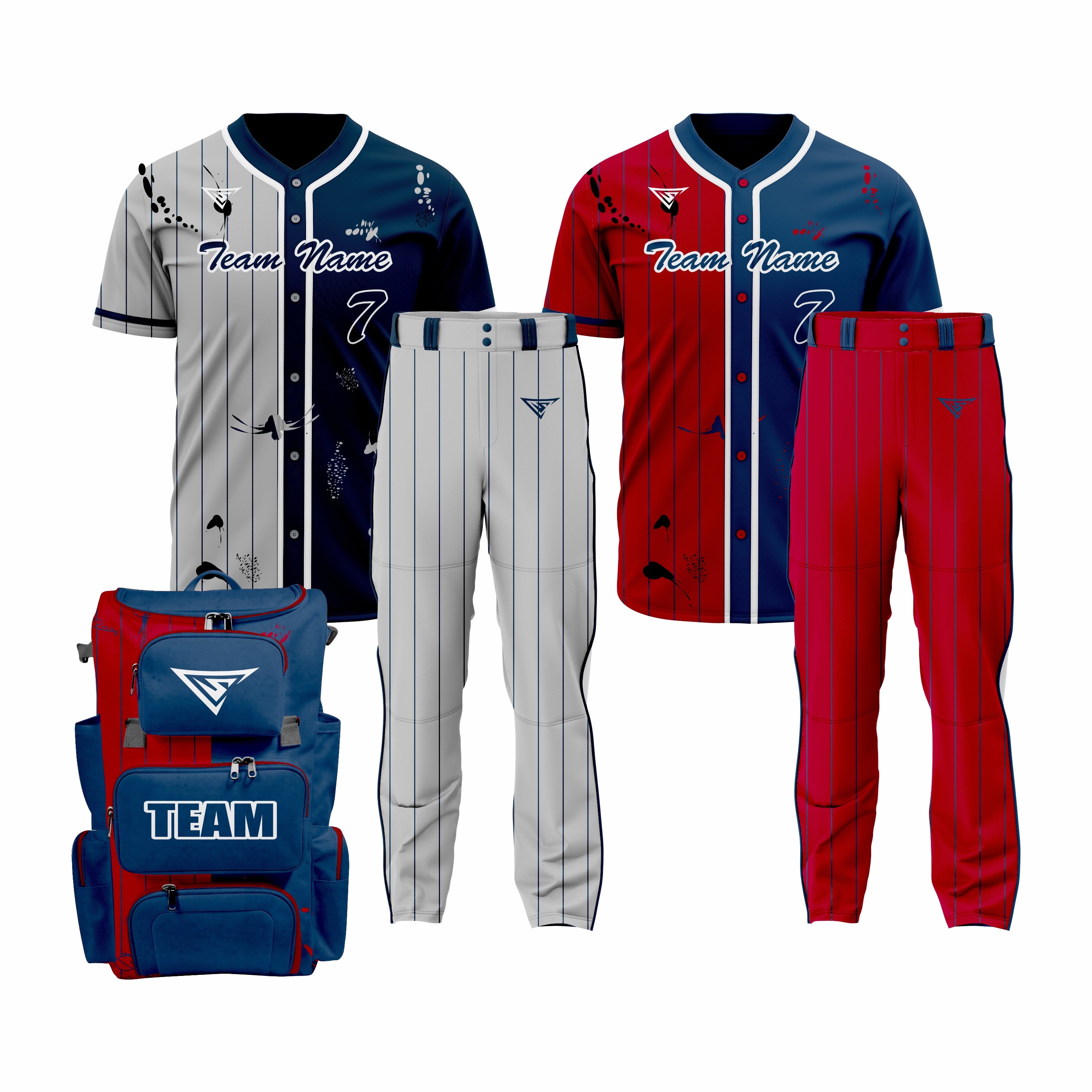 CUSTOM GREY, RED & BLUE BASEBALL TEAM UNIFORM PACKAGE - ALL-STAR