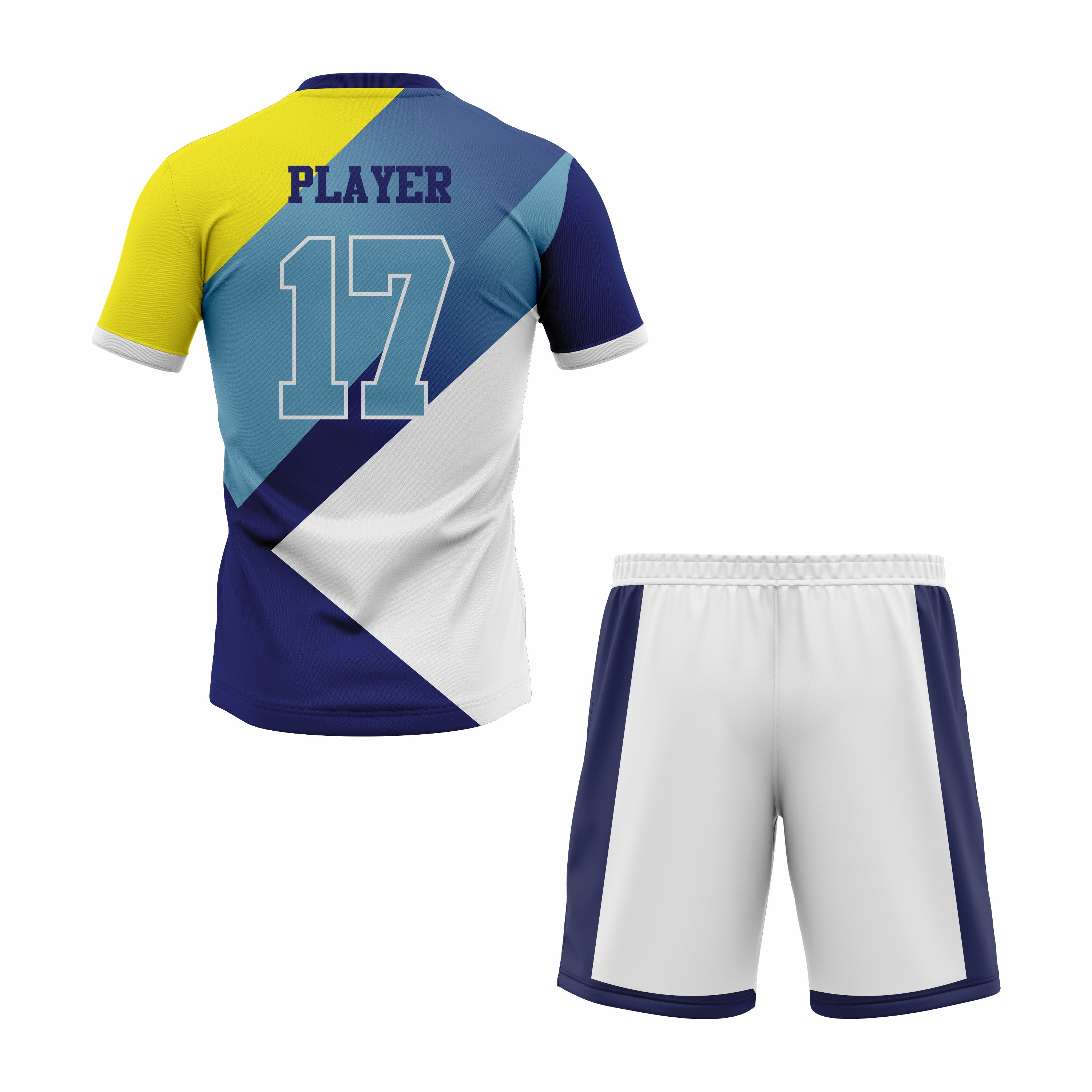 CUSTOM WHITE YELLOW BLUE SOCCER UNIFORM