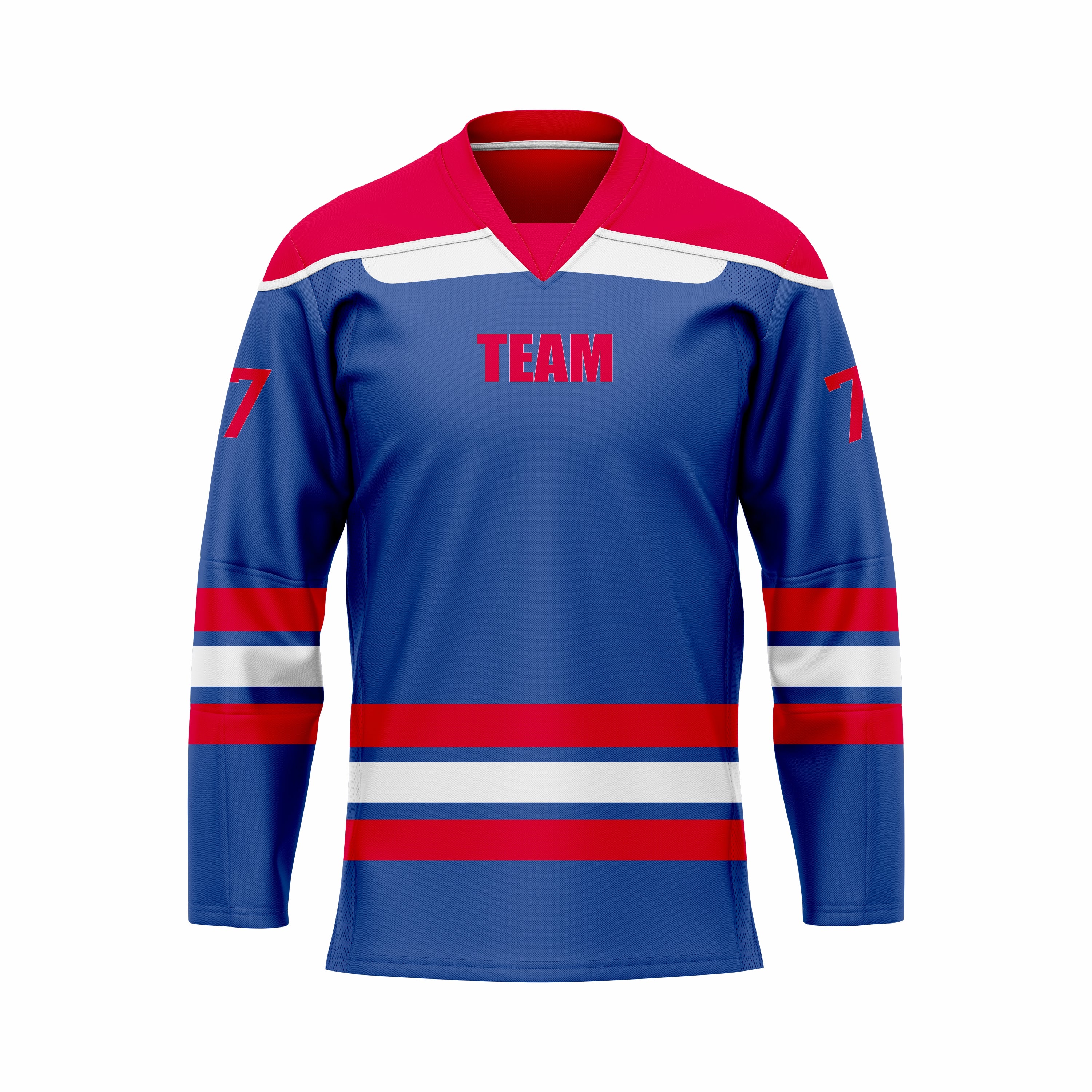 Custom Blue, Red & White V-Neck Hockey jersey