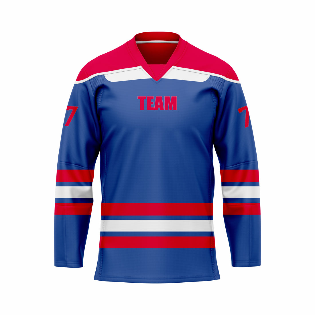 Custom Blue, Red & White V-Neck Hockey jersey