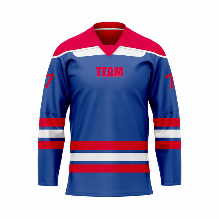 Custom Blue, Red & White V-Neck Hockey jersey
