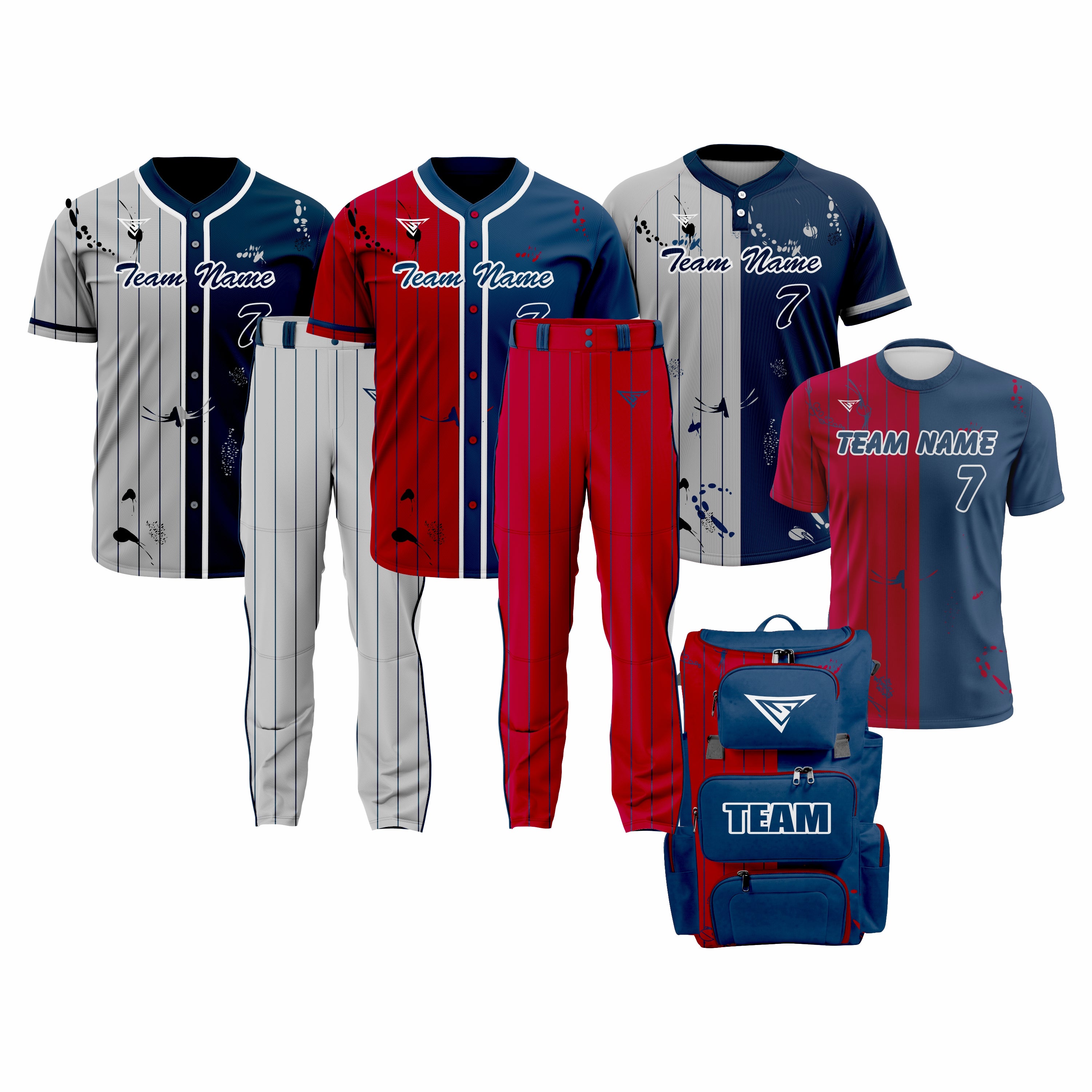 CUSTOM GREY, RED & BLUE BASEBALL TEAM UNIFORM PACKAGE – DIAMOND PRO